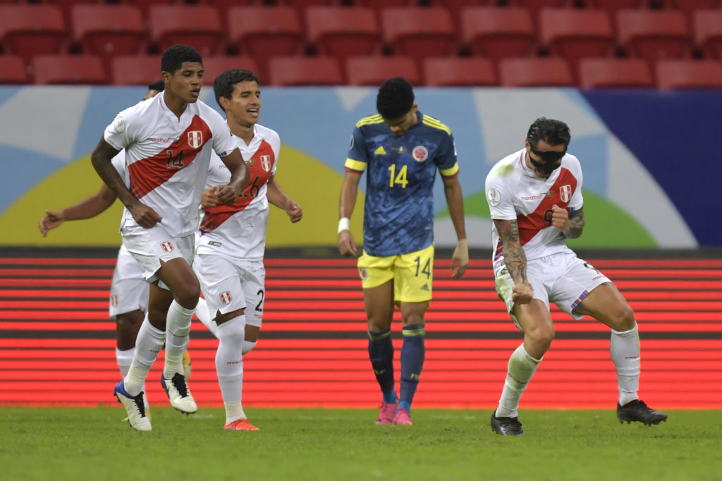 Gianluca Lapadula celebrates a goal for Peru