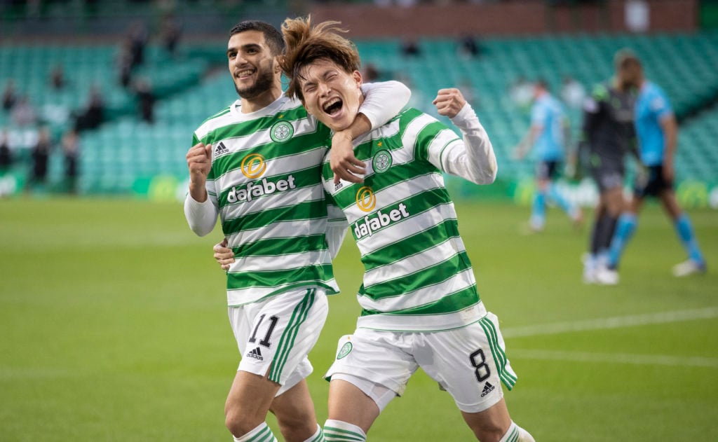 Kyogo Furuhashi celebrates for Celtic