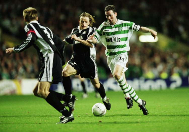 10 Oct 2001:  Paul Lambert of Celtic runs at Erik Hoftun and Orjan Berg of Rosenborg during the UEFA Champions League Group E match played at Celti...