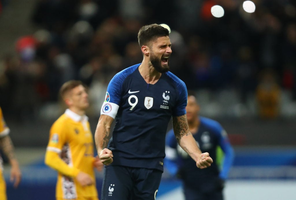 Olivier Giroud celebrates netting for France