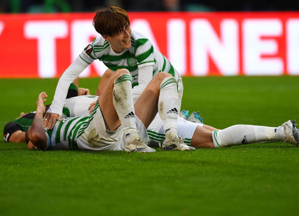Kyogo and David Turnbull celebrate Celtic's "filthy" second goal against Ferencvaros