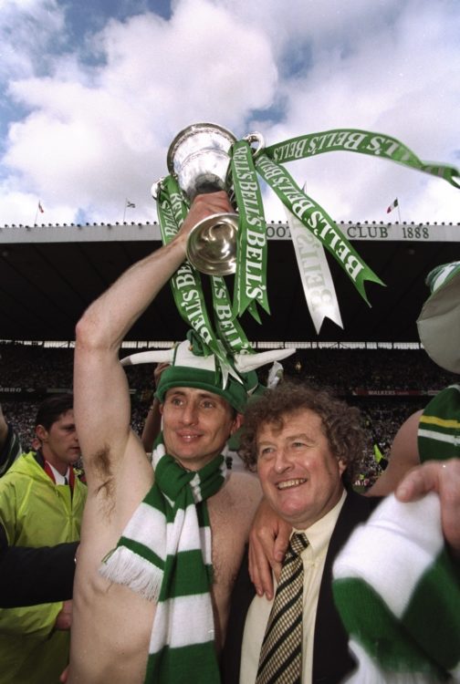 9 May 1998:  Celtic Coach Wim Jansen and Tom Boyd celebrate after a Scottish Premier League match against St Johnstone at Celtic Park in Glasgow, S...