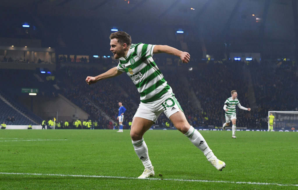 James Forrest celebrates after scoring for Celtic