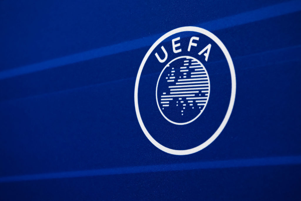 A view of the UEFA logo during the UEFA European Under-19 Championship 2022/23 Qualifying Round Draw at the UEFA headquarters, The House of Europea...