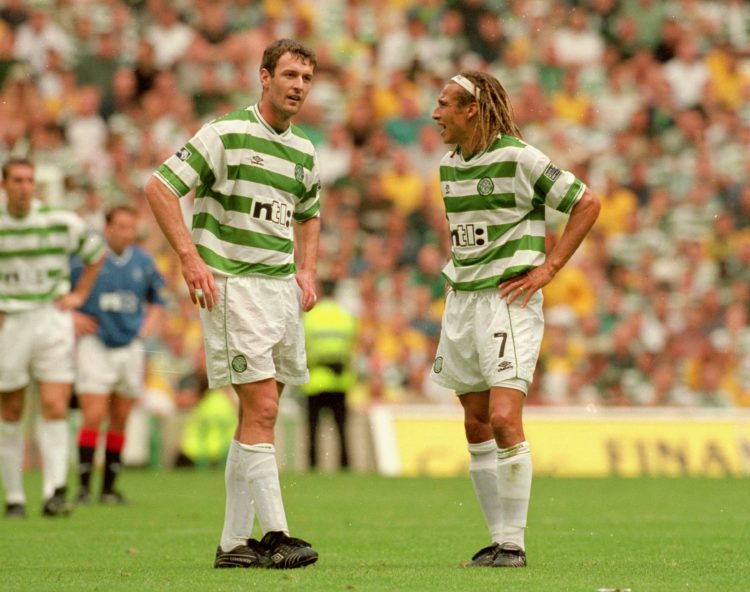 27 Aug 2000:  Chris Sutton and Henrik Larsson of Celtic during the Scottish Premier League match against Rangers at Celtic Park in Glasgow, Scotlan...