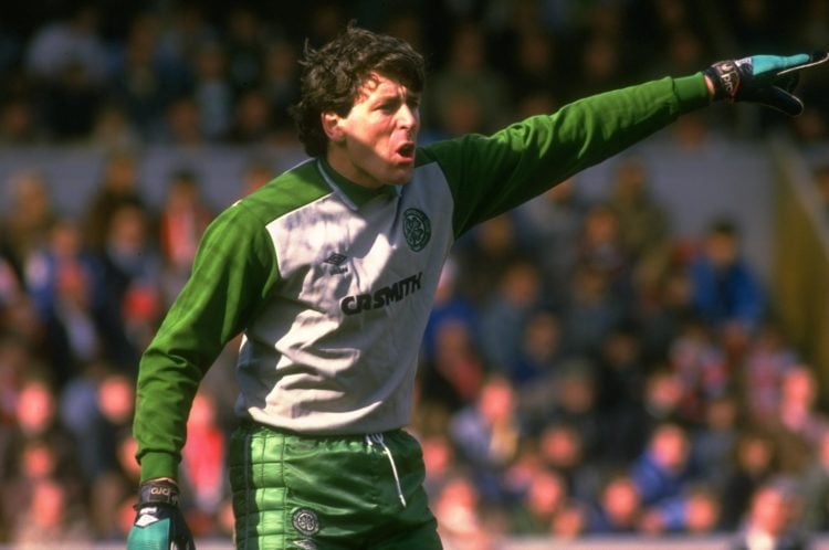 Apr 1991:  Celtic goalkeeper Pat Bonner directs his team mates during a Scottish Premier League match against Aberdeen at the Pittodrie Stadium in ...