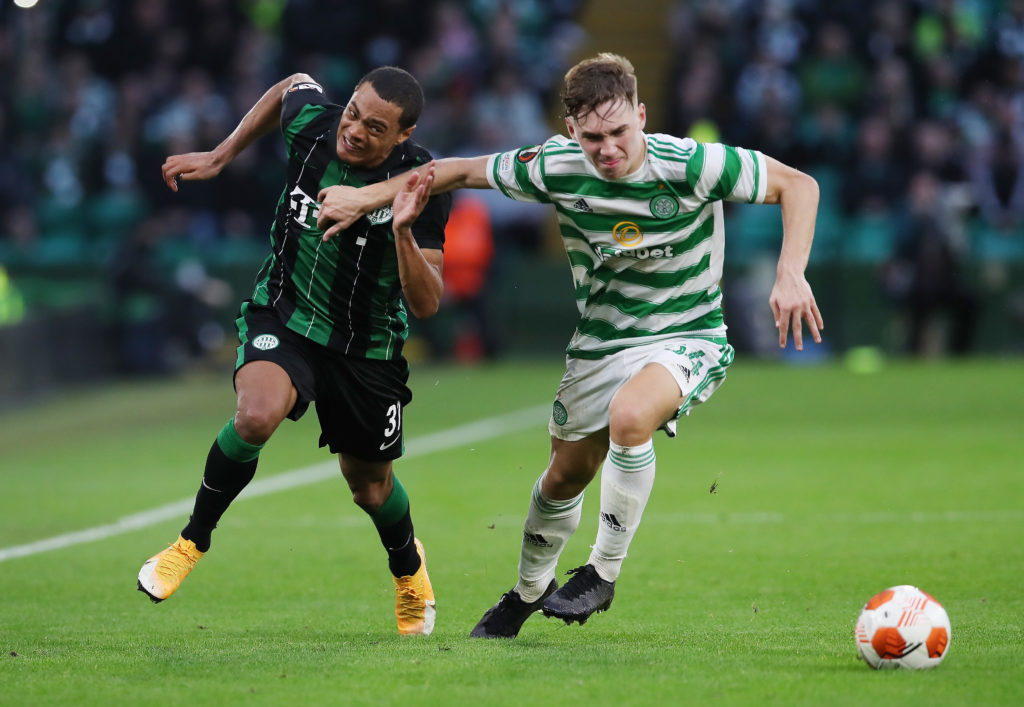 Henry Wingo of Ferencvaros TC battles for possession with Adam Montgomery of Celtic during the UEFA Europa League group G match between Celtic FC and Ferencvarosi TC at Celtic Park
