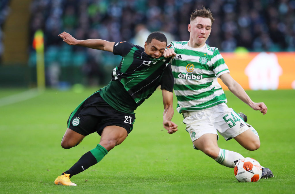 Adam Montgomery attempts to make a crunching tackle during Celtic's Europa League tie against Ferencvaros