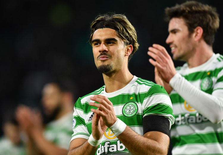 GLASGOW, SCOTLAND - JANUARY 29: Jota of Celtic celebrates at the final whistle during the Cinch Scottish Premiership match between Celtic FC and Du...
