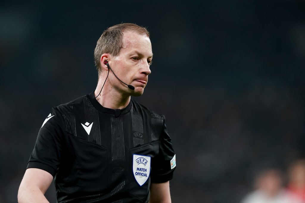 Referee William Collum during the UEFA Conference League Round of 16 Leg Two match between F.C. Copenhagen and PSV Eindhoven at the Parken