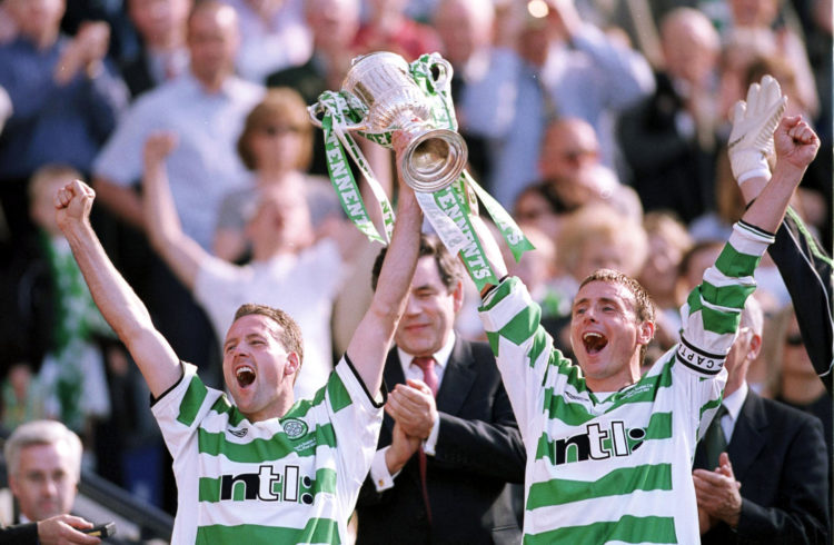 26 May 2001:  Tommy Boyd and Paul Lambert of Celtic celebrate winning the Tennent's Scottish FA Cup Final between Celtic v Hibernian at Hampden Par...