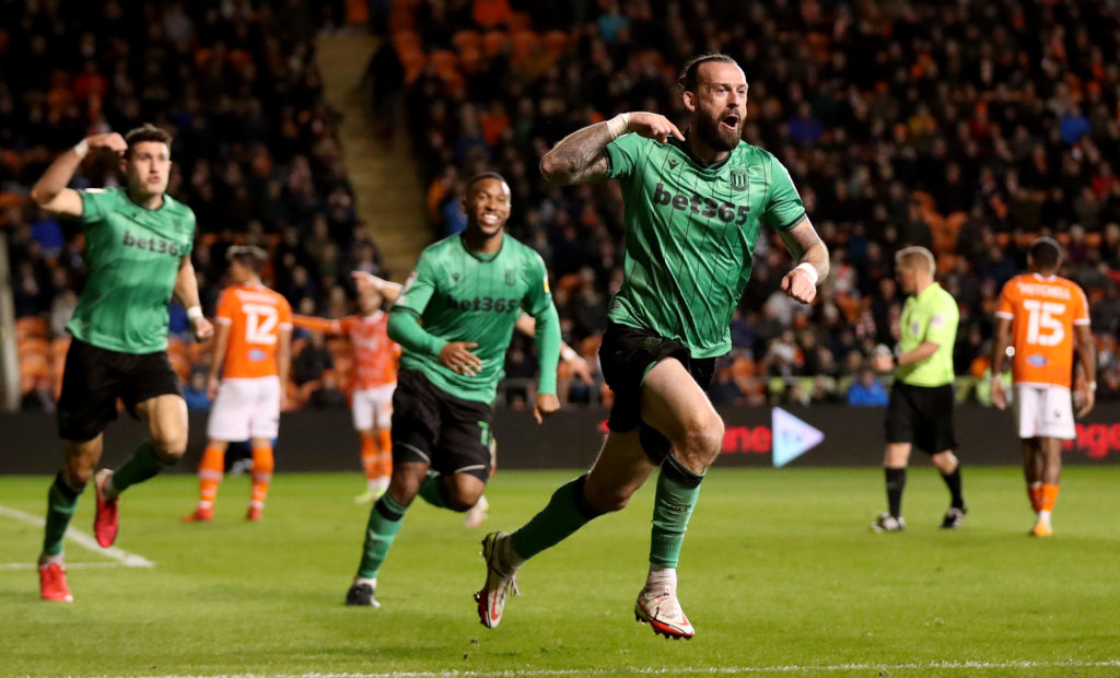 Steven Fletcher celebrates scoring for Stoke City against Blackpool.