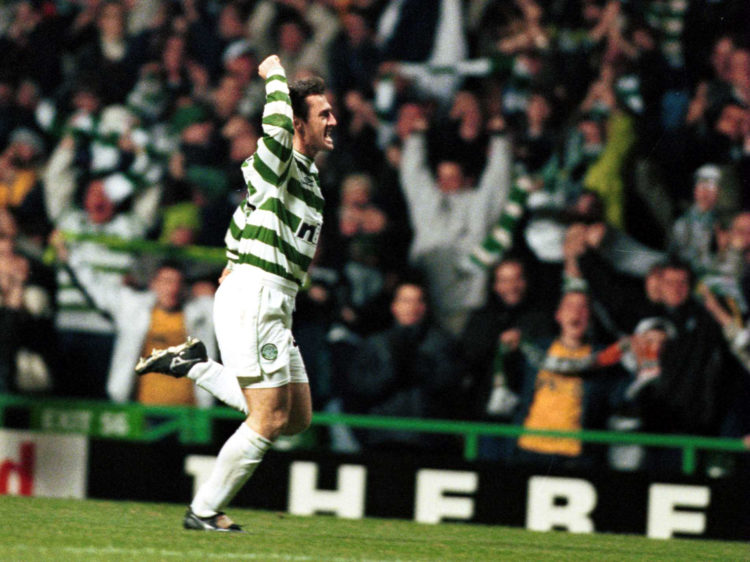 9 Nov 2000:  Lubo Moravcik of Celtic celebrates scoring Celtic's first goal during the UEFA Cup Second Round, Second Leg match between Celtic and B...
