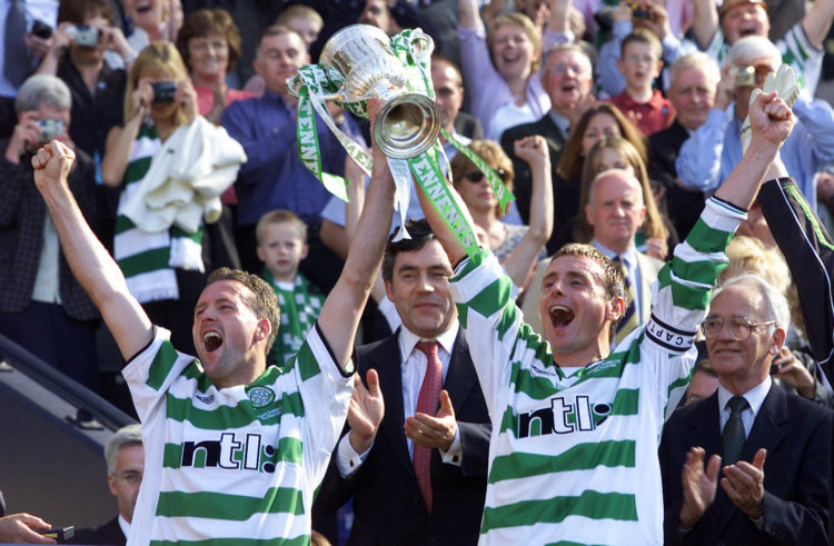 26 May 2001:  Tommy Boyd and Paul Lambert of Celtic celebrate winning the Tennent's Scottish FA Cup Final between Celtic v Hibernian at Hampden Par...
