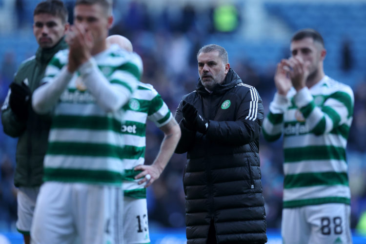 Ange Postecoglou applauds the Celtic support at Ibrox