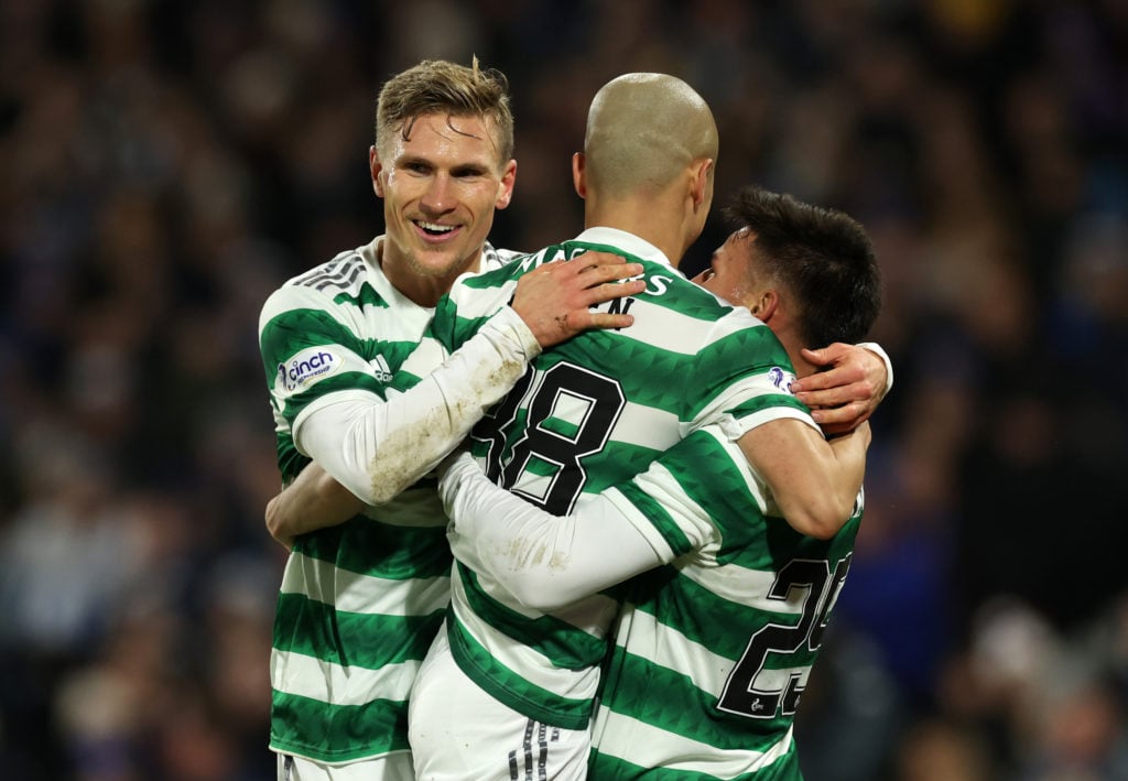Daizen Maeda of Celtic celebrates after scoring the team's first goal with teammates during the Viaplay Cup Semi-final match between Celtic and Kil...