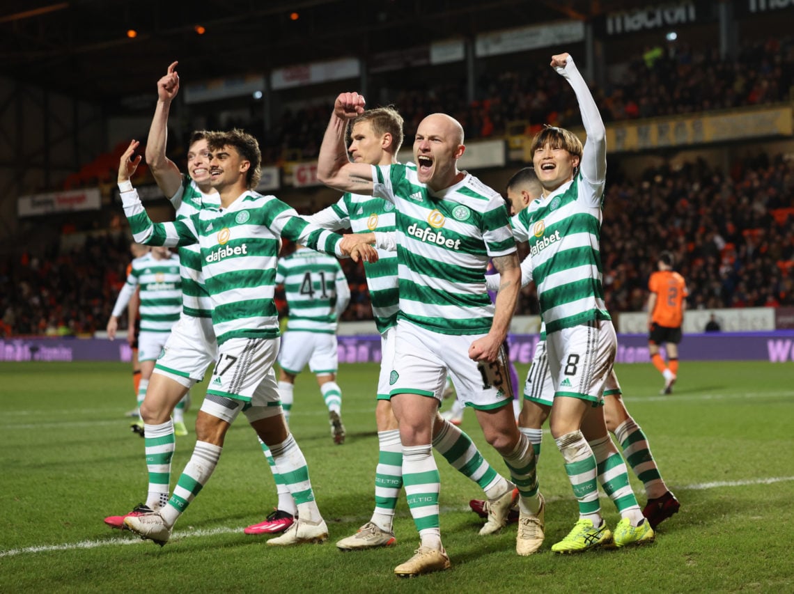 Aaron Mooy of Celtic celebrates scoring the opening goal during the Cinch Scottish Premiership match between Dundee United and Celtic FC at  on Jan...