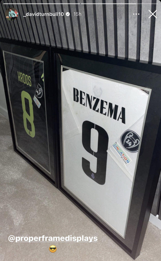 David Turnbull's framed Kroos and Benzema match shirts
