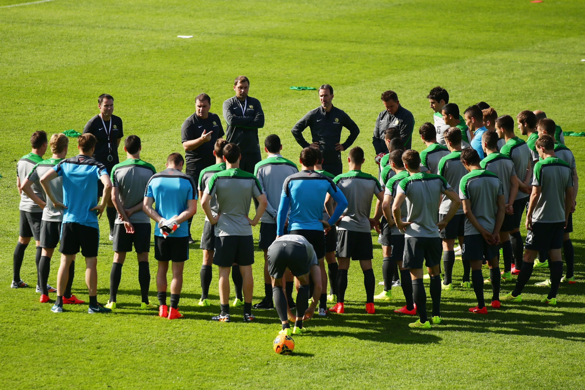 Ange addressing the Socceroos in 2014