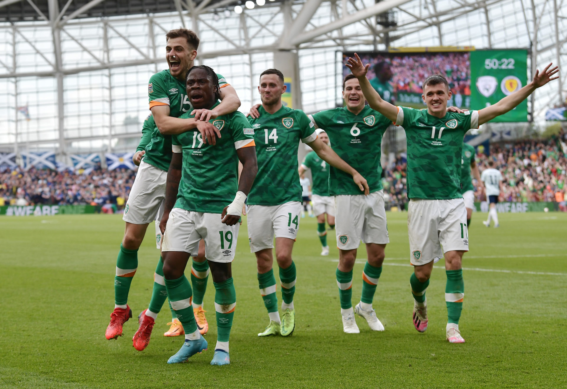 Republic of Ireland players celebrate against Scotland in June