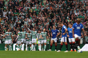 Celtic players celebrate David Turnbull's goal against Rangers last September