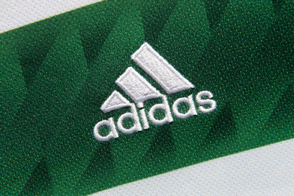 The adidas logo on the official Glasgow Celtic FC home shirt