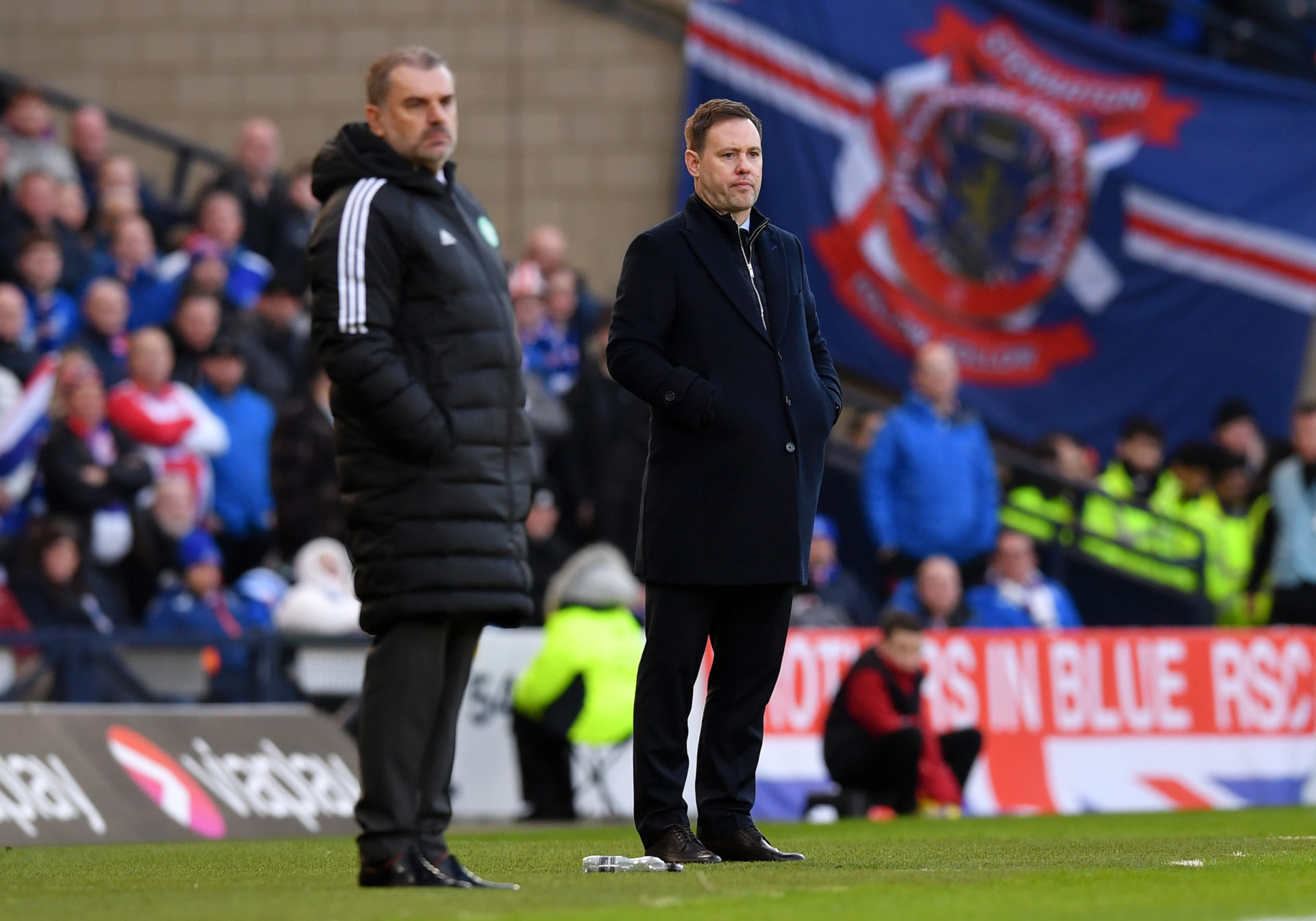 Michael Beale and Ange Postecoglou on the touchline at Hampden on Sunday