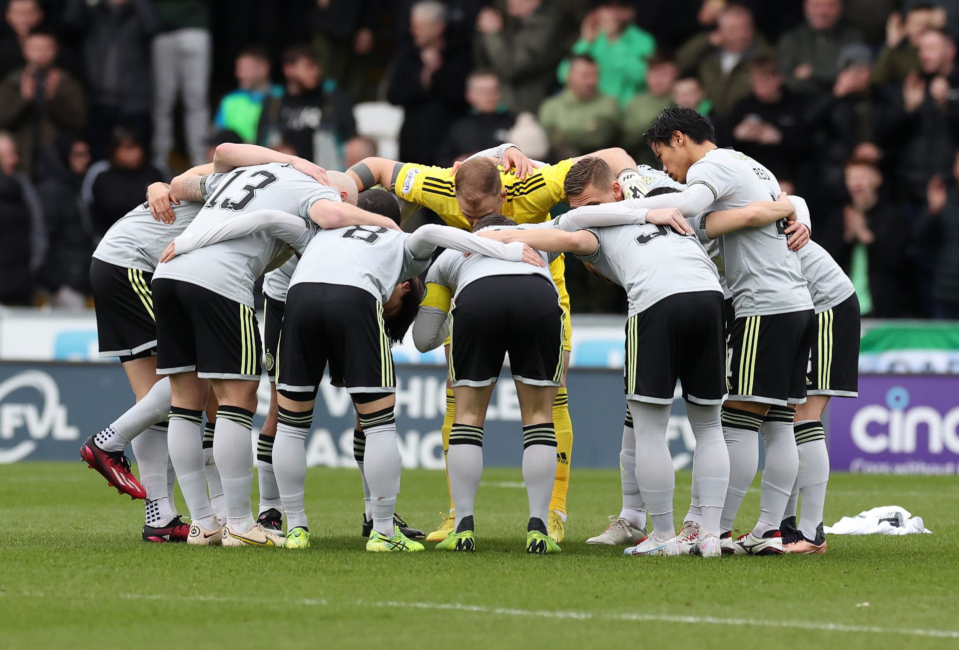 The Celtic squad in a huddle before the recent win over St. Mirren