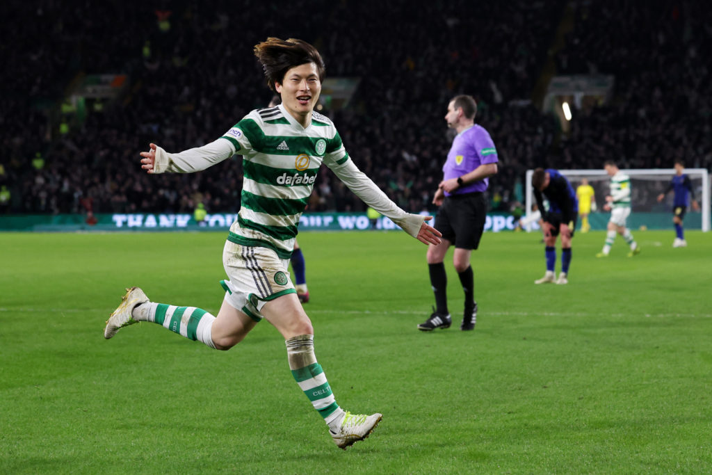 Kyogo Furuhashi of Celtic celebrates after scoring the team's second goal during the Cinch Scottish Premiership match between Celtic FC and Heart o...