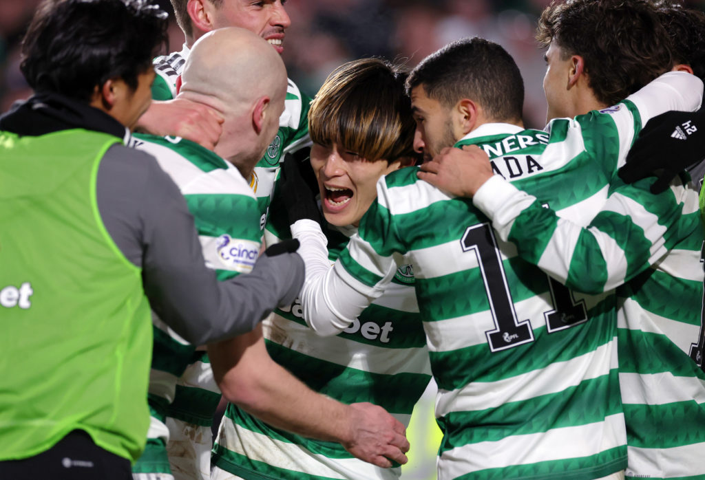 Kyogo Furuhashi celebrates a recent goal against Hearts
