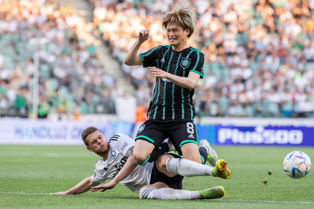 Joel Abu Hanna (L) of Legia and Kyogo Furuhashi (R) of