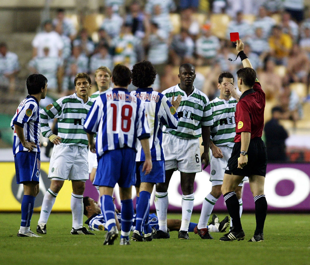 Dianbobo Balde of Celtic is sent off