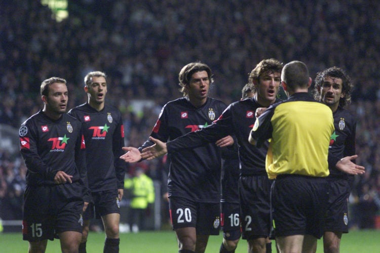 31 Oct 2001:  Ciro Ferrara of Juventus along with fellow Juventus team mates pleads with the referee  during the UEFA Champions League Group E matc...