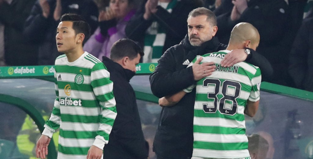 Ange Postecoglou, manager of Celtic embraces Daizen Maeda of Celtic as he is substituted during the Cinch Scottish Premiership match between Celtic FC and Hibernian FC