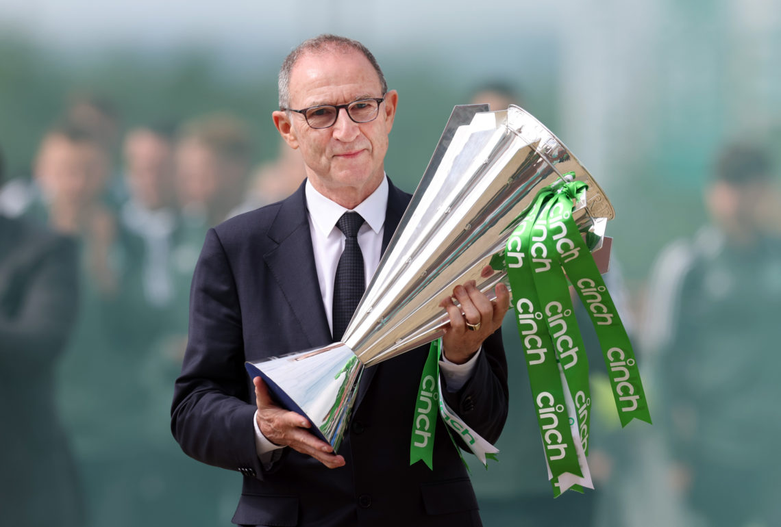 Former Celtic manager Martin O'Neill walks up towards the stadium with the SPL trophy during the Cinch Scottish Premiership match between Celtic an...