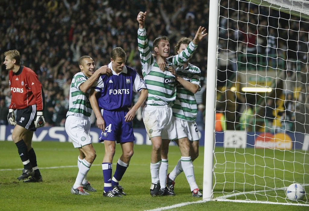 Chris Sutton of Celtic celebrates scoring the third goal