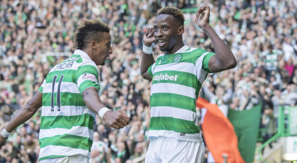 Moussa Dembele celebrates scoring for Celtic against Rangers at Celtic Park