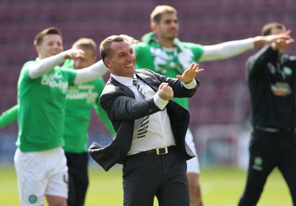 Brendan Rodgers celebrating Celtic's Premiership title win in 2017.