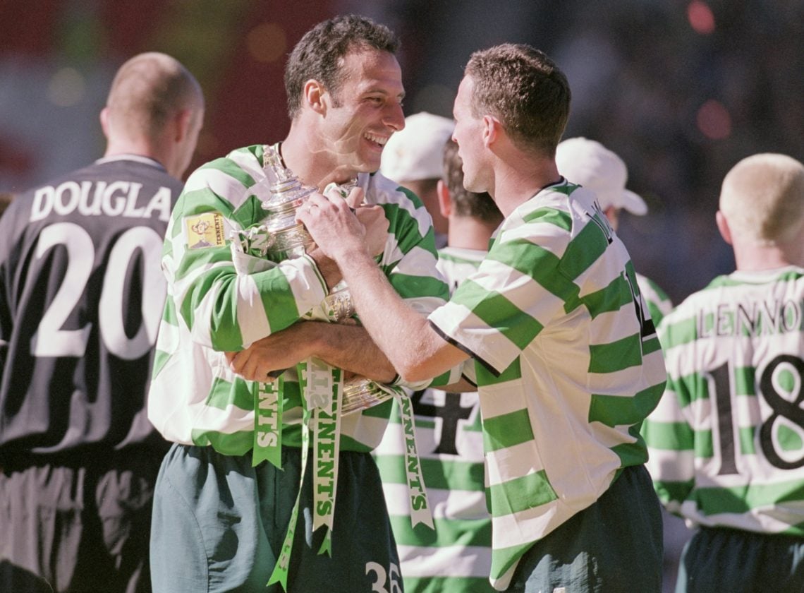 26 May 2001: Celtic duo Ramon Vega (left) and Paul Lambert celebrate their Tennents Scottish cup final win against Hibernian at Hampden Park, Glas...