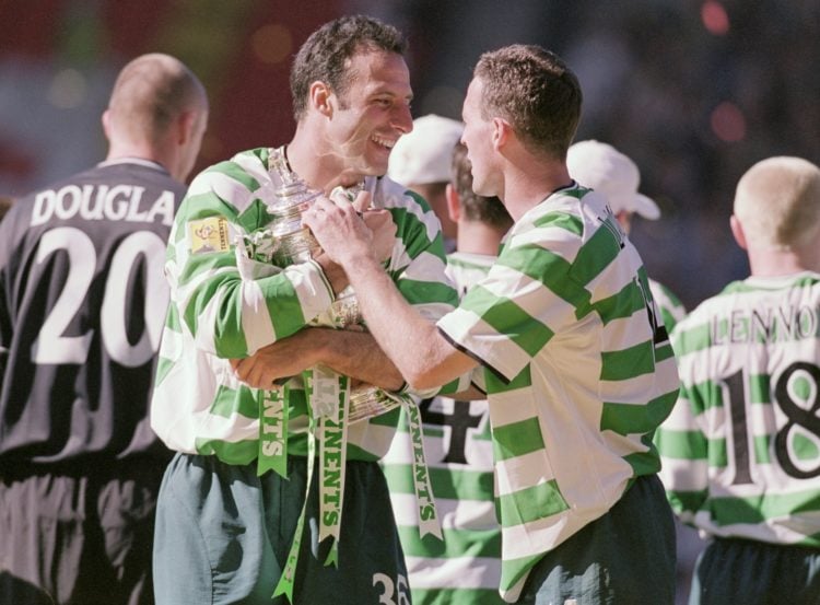26 May 2001:  Celtic duo Ramon Vega (left) and Paul Lambert celebrate their Tennents Scottish cup final win against Hibernian at Hampden Park, Glas...