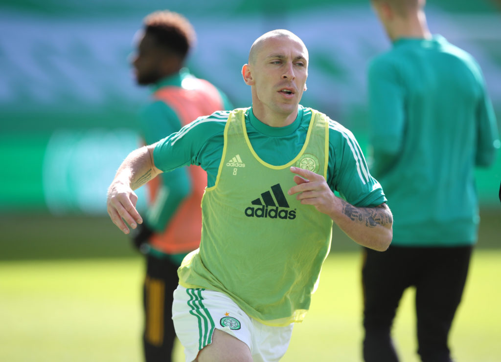 Celtic captain Scott Brown in action during the warm up before the Ladbrokes Scottish Premiership match between Celtic and Rangers at Celtic Park o...