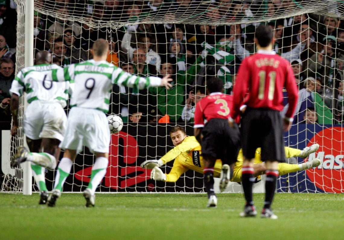Celtic goalkeeper Artur Boruc saves a penalty from Manchester United's Louis Saha after Celtic's Shaun Maloney handled the ball during their UEFA C...