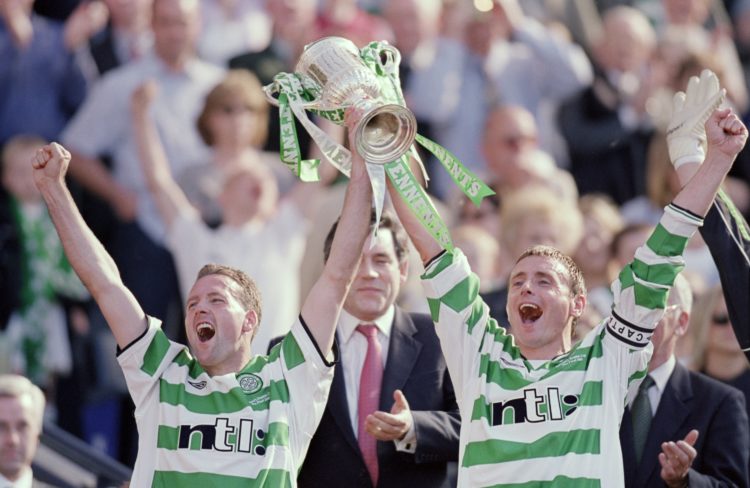 26 May 2001:  Celtic duo Paul Lambert and Captain Tom Boyd lift the trophy aloft after the Tennents Scottish cup final win against Hibernian at Ham...