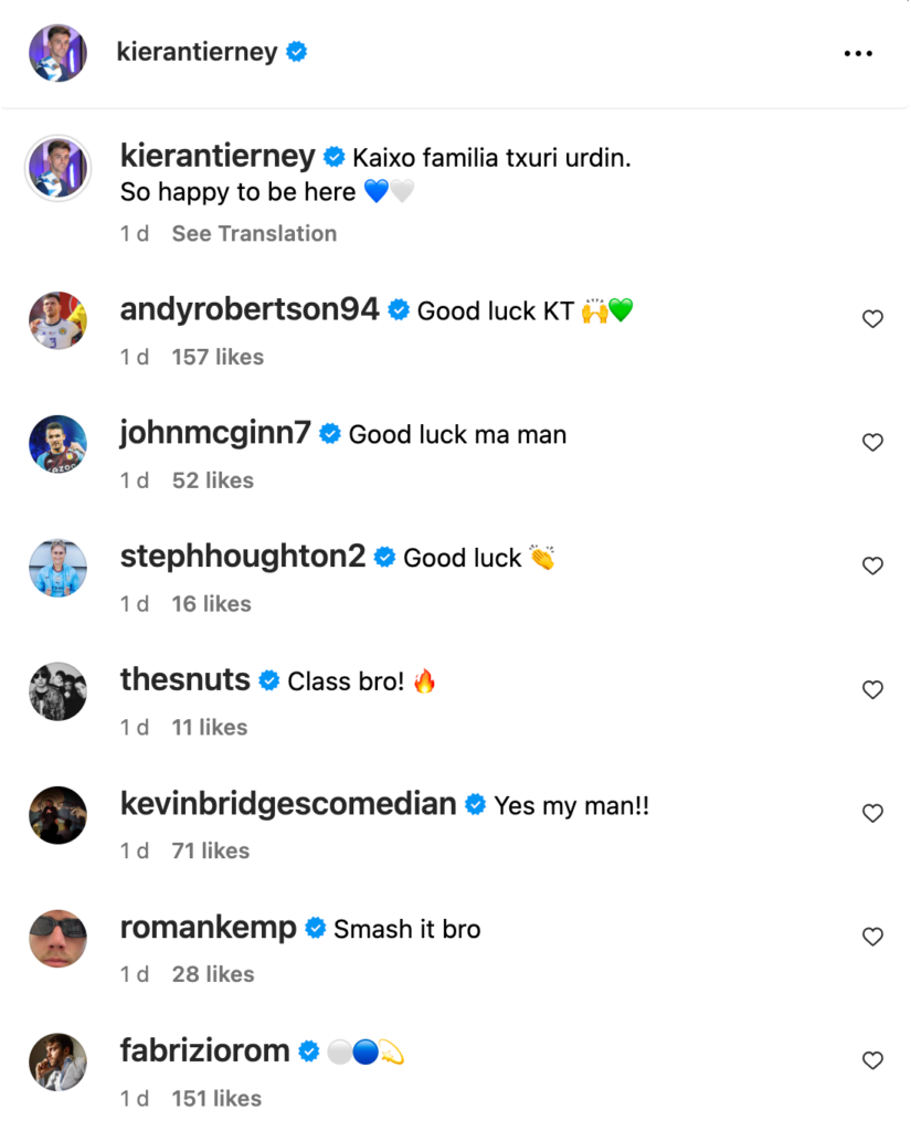 The replies to Kieran Tierney's Instagram post