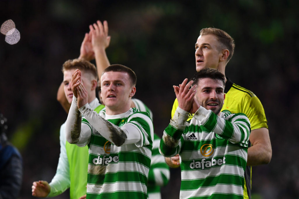 Ben Doak applauds Celtic fans after a win against Rangers