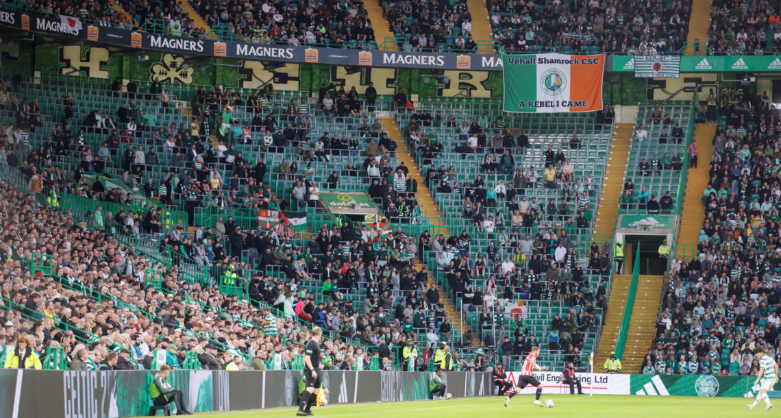 The Green Brigade supporters stands almost empty during the pre-season friendly match between Celtic and Athletic Bilbao at Celtic Park on August 1...