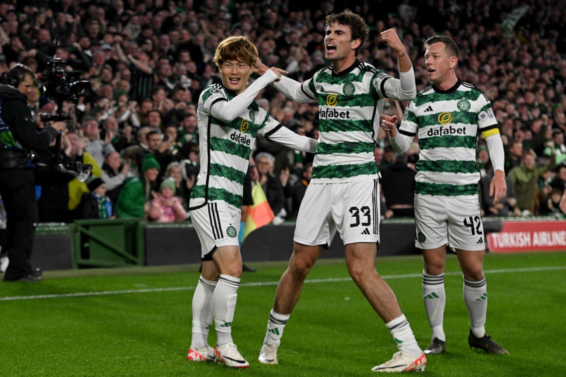 Kyogo Furuhashi,Matt O'Riley and Callum McGregor of Celtic celebrate during the UEFA Champions League match between Celtic FC and SS Lazio at Celti...