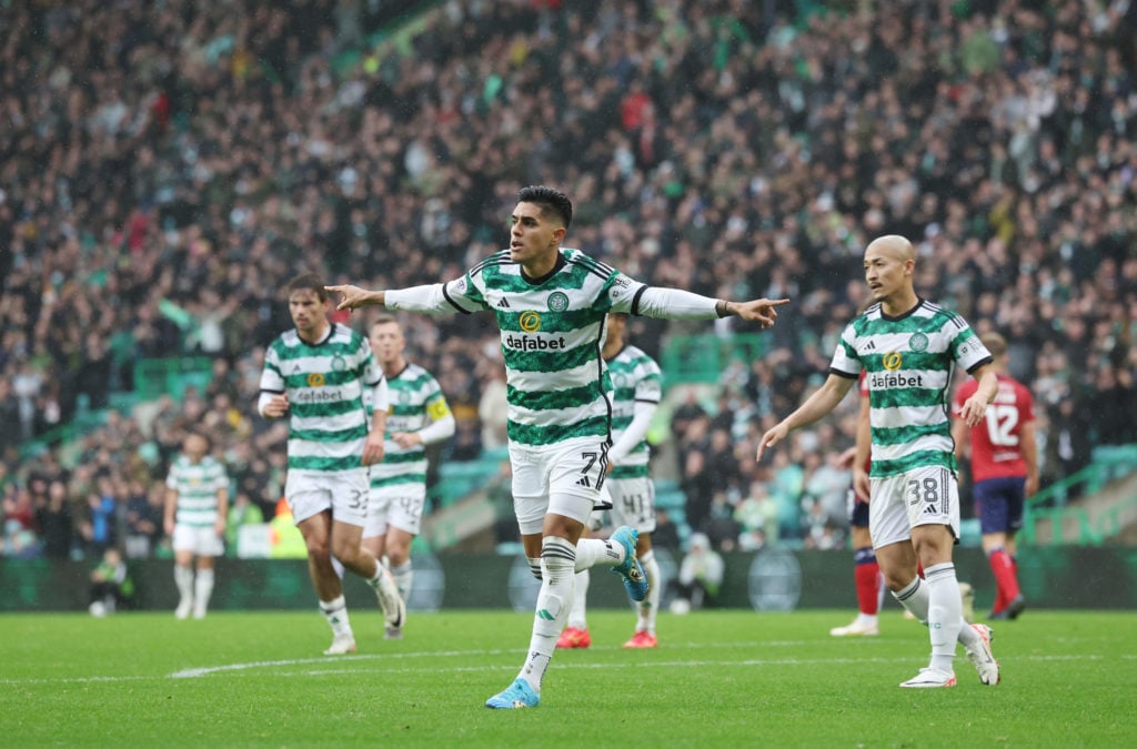 Luis Palma of Celtic celebrates after he scores his team's second goal during the Cinch Scottish Premiership match between Celtic FC and Kilmarnock...