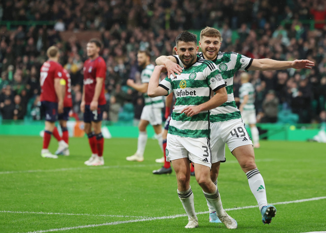 Greg Taylor of Celtic celebrates after he scores his team's  third goal during the Cinch Scottish Premiership match between Celtic FC and Kilmarnoc...