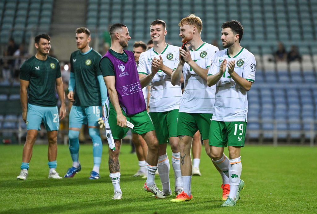 Evan Ferguson applauds the Republic of Ireland fans.